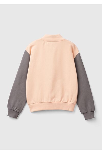 United Colors of Benetton Girl's Crochet Glitter Logo Printed High Collar Sweatshirt with Zipper Pocket