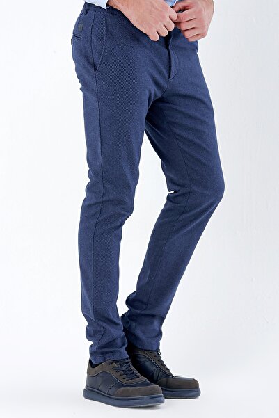 İmza Lacivert Desenli Armürlü Yan Cepli Slim Fit Dar Kesim Casual Pantolon 1003235119