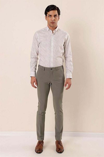 İmza Pantaloni clasici slim fit cu buzunare laterale Dobby Lycra cu model kaki închis1003230170