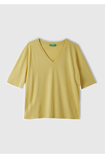 United Colors of Benetton Women's Light Yellow Cotton Linen Blended V-Neck Relaxed Fit T-Shirt