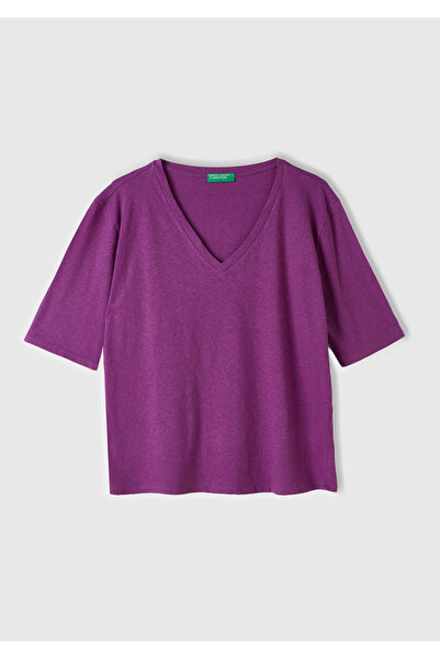 United Colors of Benetton Γυναικείο μπλουζάκι με μωβ βαμβακερό λινό με λαιμόκοψη σε χαλαρή εφαρμογή