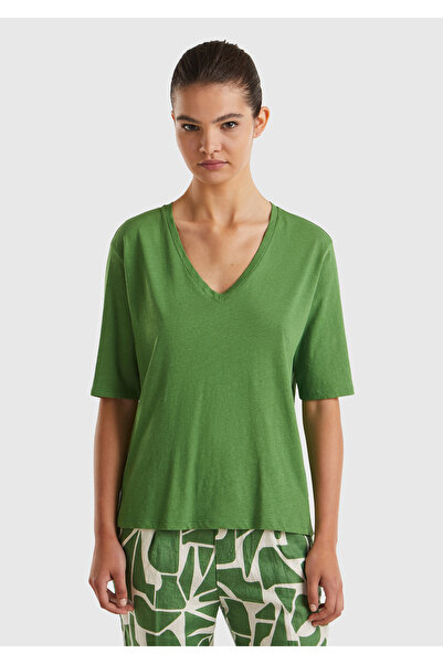 United Colors of Benetton Women's Pale Green Cotton Linen Blended V-Neck Relaxed Fit T-Shirt