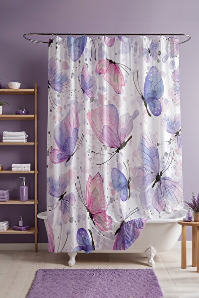 EVPANYA 175x200cm Baie cu model fluture roz și liliac, perdea pentru cadă