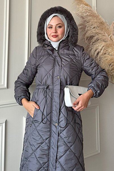 InStyle Beli Büzgülü Kapitone Mont Gri