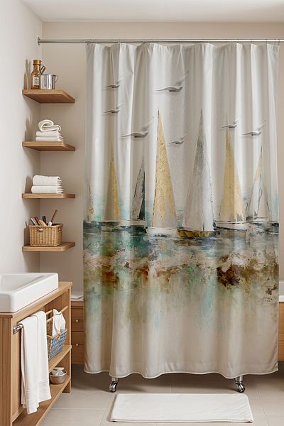 EVPANYA Κουρτίνα μπάνιου με σχέδια 175x200cm - Σανδάλια στη θάλασσα και γλάροι