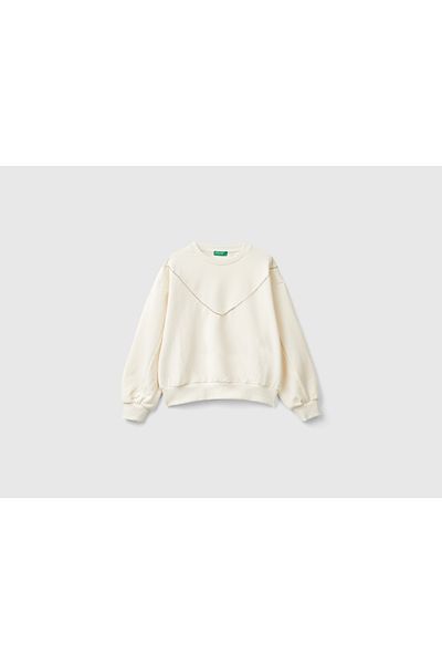 United Colors of Benetton Girl's Ecru Back Logo Printed Front V Stitching Detail Crew Neck Sweatshirt