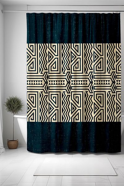EVPANYA Perdeau de baie, perdea de duș cu model geometric albastru închis, perdea de cadă 175x200cm