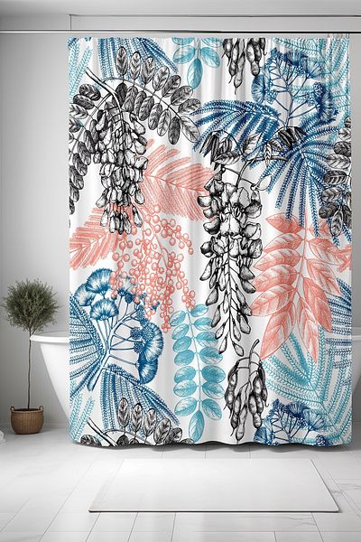 EVPANYA Κουρτίνα μπάνιου 175x200cm Mimosa and Acacia Pattern - Κουρτίνα μπάνιου με μαύρο στυλό