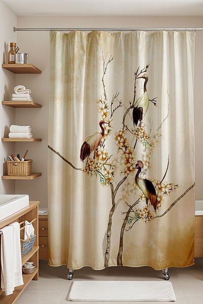 EVPANYA 175x200cm Κουρτίνα μπάνιου με μοτίβο Floral Heron Birds - Κουρτίνα μπανιέρας