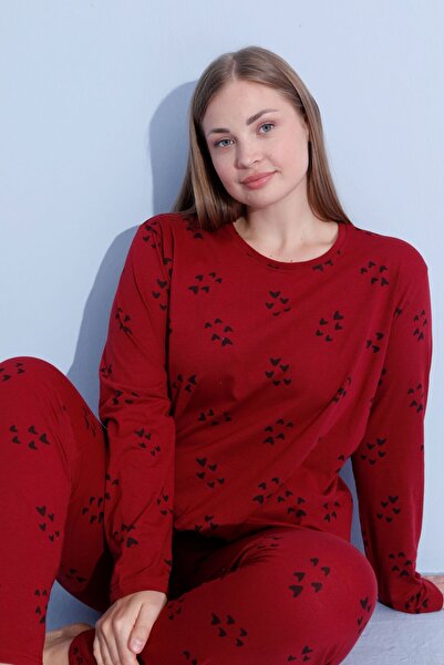 pijamacity Büyük Beden Kadın Bordo Uzun Kollu Pamuklu Pijama Takımı