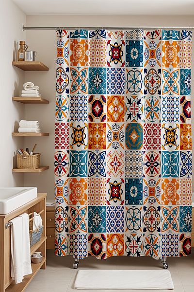 EVPANYA Bathroom Curtain,Mosaic Different Tiles Pattern Shower Curtain, Bathtub Curtain 175X200Cm