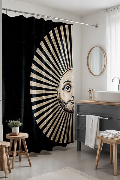 EVPANYA Κουρτίνα μπάνιου, Boho Tile Κουρτίνα μπάνιου με σχέδιο ήλιου, Κουρτίνα μπανιέρας 175x200cm