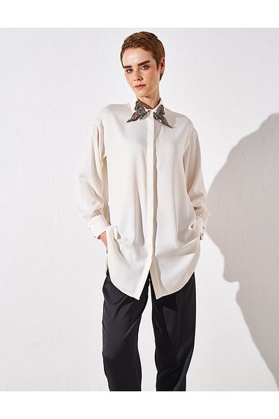 Kayra Butterfly Motif Satin Tunic Ecru