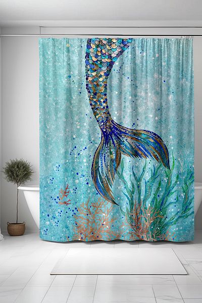 EVPANYA Perdele de baie cu model de coadă de sirenă cu paiete auriu bleumarin - perdea de cadă 175x200cm