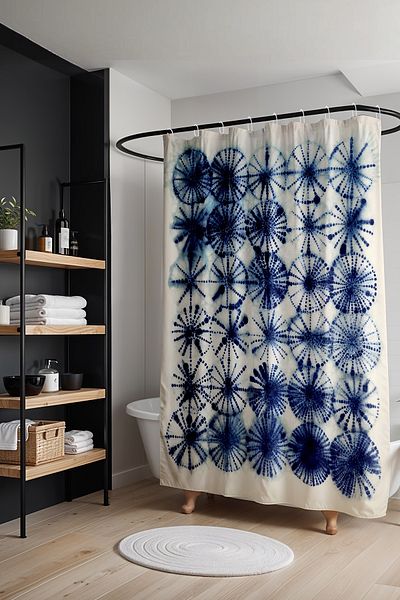 EVPANYA Perdeau de baie, perdea de duș cu model rotunde indigo boeme, perdea de cadă 175x200cm