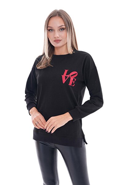 ŞİMAL Γυναικείο φούτερ με στάμπα με λεπτομέρεια στο πλάι με λαιμόκοψη και δύο κλωστές 255037 -