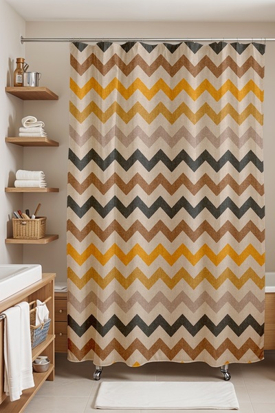 EVPANYA 175x200cm Perdele de baie cu textura din iuta cu model - Zigzag și perdea pentru cadă