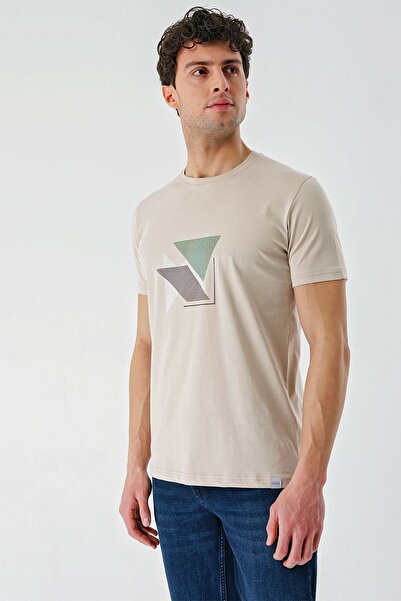 İmza Μπλουζάκι με μπεζ εμπριμέ υφασμάτινο λαιμόκοψη 100% βαμβάκι Casual Slim Fit Slim Fit T-shirt 1011240168
