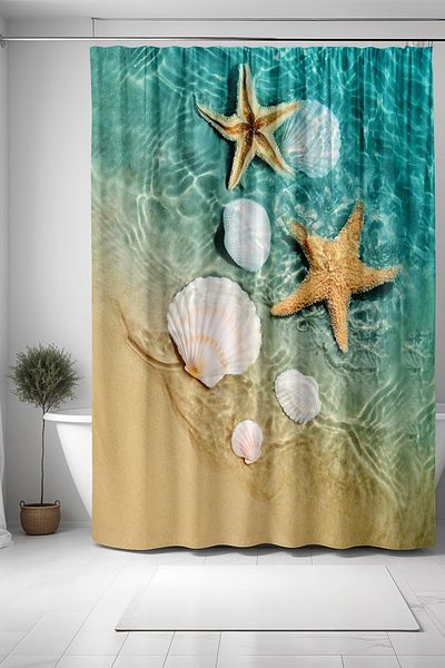 EVPANYA Perdeau de baie, perdea de duș cu model stea de mare pe plajă, perdea de cadă 175x200cm