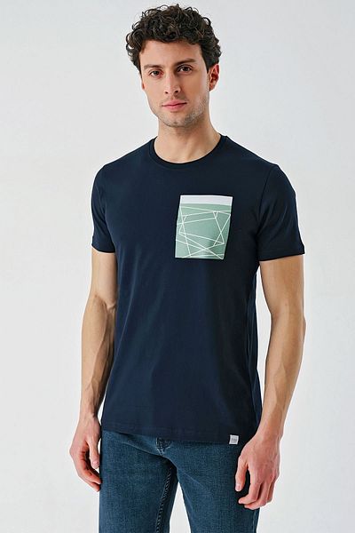İmza Tricou casual slim cu decolteu cu imprimeu bleumarin închis 1011240169