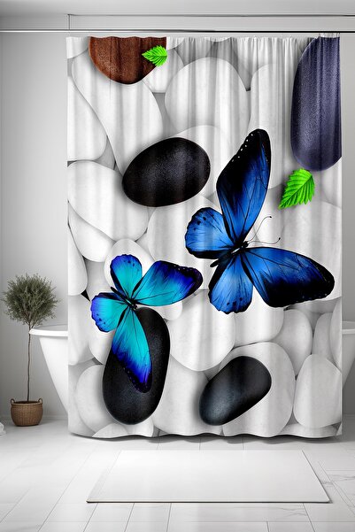 EVPANYA Banyo Perdesi, Beyaz Taşlar Ve Mavi Kelebekler Desenli Duş Perdesi, Küvet Perdesi 175x200cm