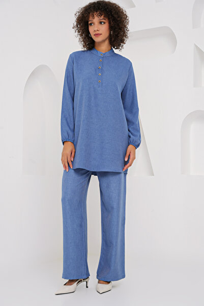 Bigdart 6678 Keten Tunik Pantolon İkili Takım - İndigo