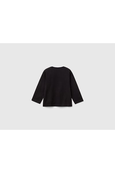 United Colors of Benetton Boy's Black Skirt Tip Logo Label Peanuts Printed Long Sleeve T-Shirt