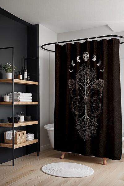 EVPANYA 175x200cm Κουρτίνα μπάνιου με μοτίβο πεταλούδας δέντρου και φεγγαριού - κουρτίνα μπανιέρας