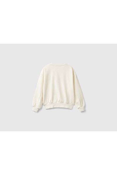 United Colors of Benetton Girl's Ecru Back Logo Printed Front V Stitching Detail Crew Neck Sweatshirt
