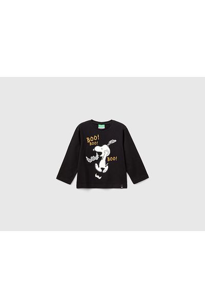 United Colors of Benetton Boy's Black Skirt Tip Logo Label Peanuts Printed Long Sleeve T-Shirt