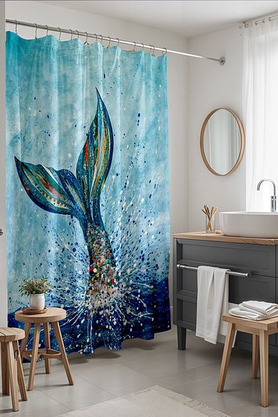 EVPANYA Perdeau de baie, perdea de duș cu model sirenă în mare, perdea de cadă 175x200cm