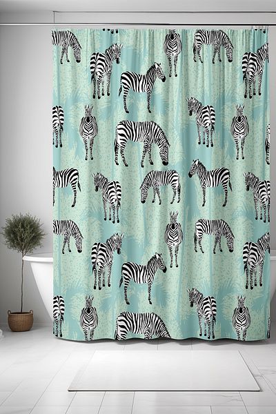EVPANYA 175x200cm Perdele de baie cu model de palmieri și zebre albastre