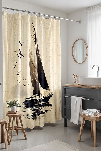 EVPANYA Κουρτίνα μπάνιου με σχέδια 175x200cm - Κουρτίνα μπάνιου Man and Flying Birds, Κουρτίνα μπανιέρας