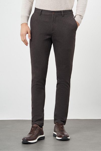 İmza Σκούρο καφέ βαμβακερό πλαϊνό παντελόνι Chino Casual Slim Fit 1003245162