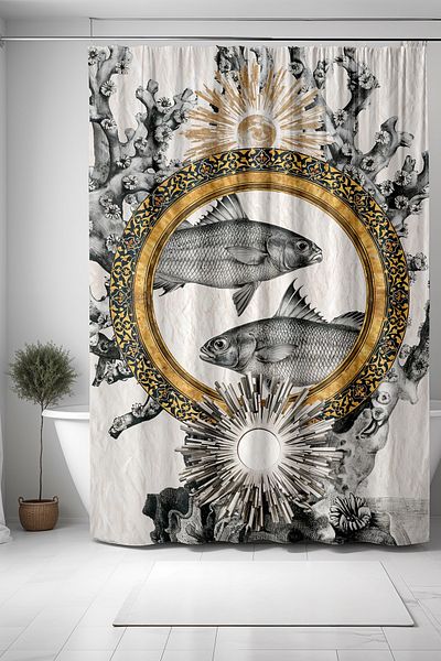 EVPANYA Κουρτίνα μπάνιου, Boho Sun And Grey Fishes Κουρτίνα μπάνιου, Κουρτίνα μπανιέρας 175x200cm