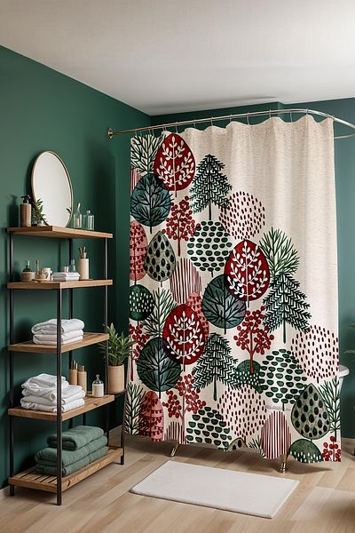 EVPANYA Κουρτίνα μπάνιου, Bohemian Red Green Trees Κουρτίνα μπάνιου με σχέδια, Κουρτίνα μπανιέρας 175x200cm