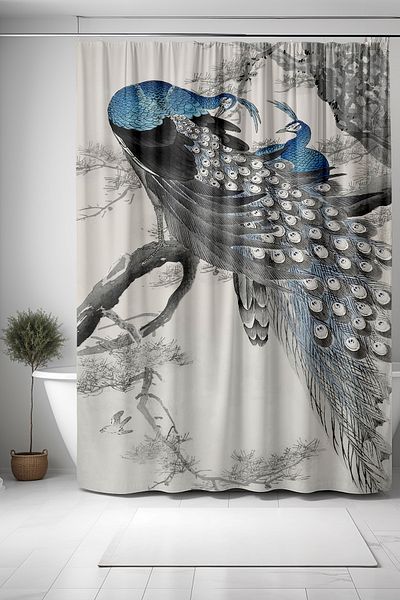 EVPANYA Perdeau de baie, perdea de duș cu model păuni creion negru, perdea de cadă 175x200cm