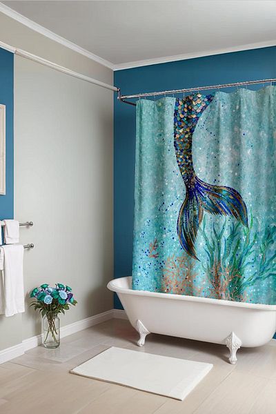 EVPANYA Perdele de baie cu model de coadă de sirenă cu paiete auriu bleumarin - perdea de cadă 175x200cm