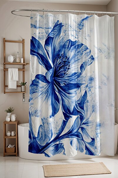 EVPANYA Perdeau de baie, perdea de duș cu model de flori albastru desenat manual, perdea de cadă 175x200cm