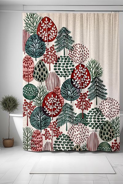 EVPANYA Κουρτίνα μπάνιου, Bohemian Red Green Trees Κουρτίνα μπάνιου με σχέδια, Κουρτίνα μπανιέρας 175x200cm
