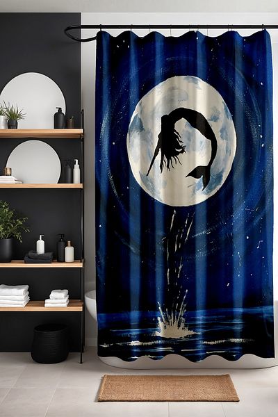 EVPANYA Perdele de baie cu model de 175x200 cm - Peisaj cu stropire de mare și lună