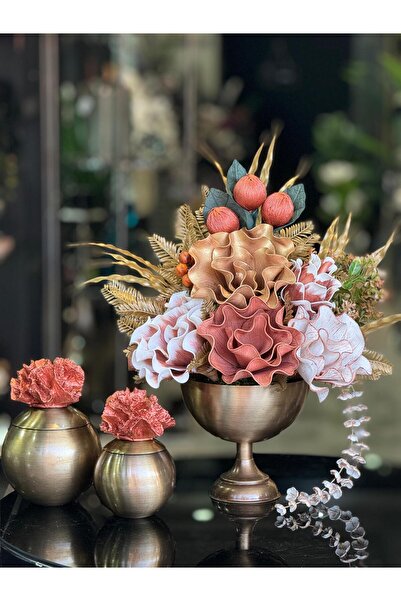 TASARIMHMODA Yapay Çiçekli Antik Yuvarlak Vazo 3 Parça Set No:7
