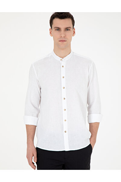 Pierre Cardin Beyaz Keten Karışımlı Regular Fit Uzun Kollu Gömlek 50288526-VR013