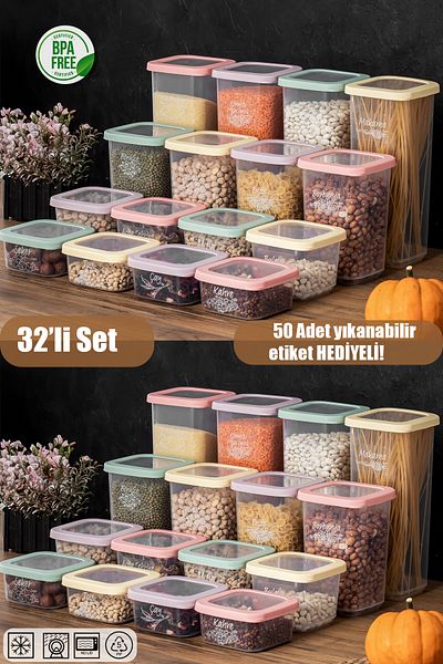Porsima Rainbow 1034 - 32 Pieces Food Jar Storage Set with Labels and Colors, Food Container Organizer