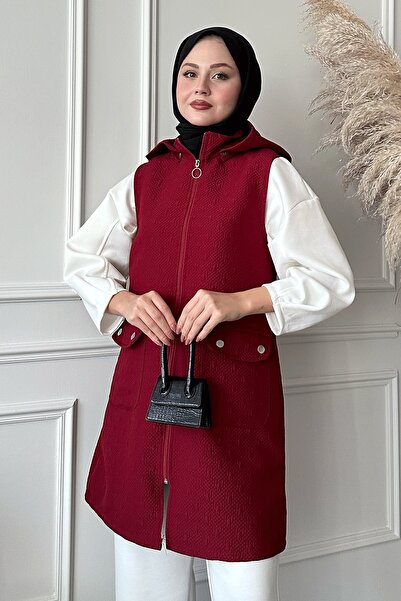 InStyle Капитонирана бордова червена жилетка с джобове