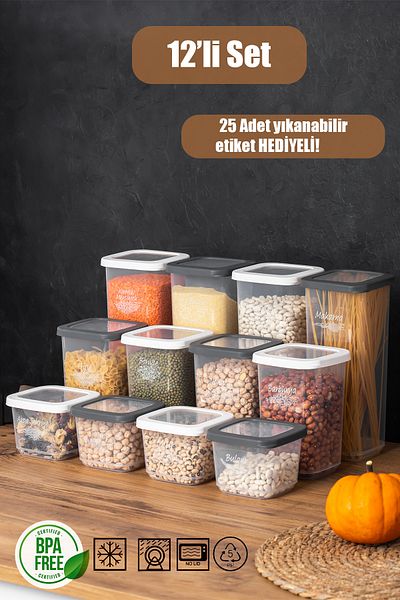 Porsima 1176 مجموعة حاويات طعام أنثراسايت مكونة من 12 قطعة - منظم جرة طعام مع ملصقات وأغطية