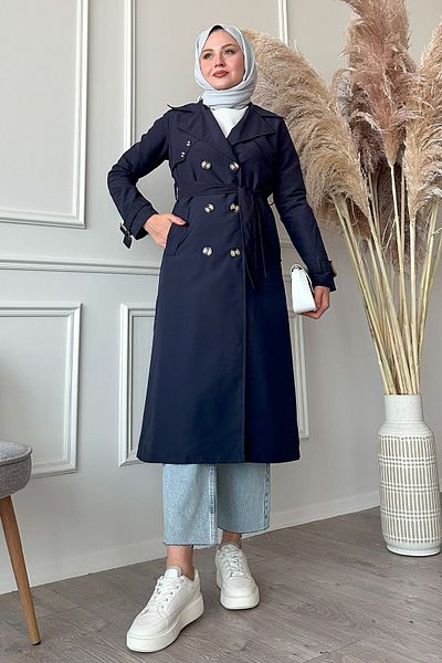 InStyle Λεπτομέρεια αλυσίδας στην πλάτη Navy Blue Trench Coat
