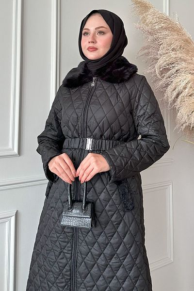 InStyle Plyšový límec dlouhý prošívaný černý kabát