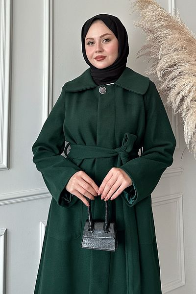 InStyle Σμαραγδένιο Πράσινο Παλτό με Ζώνη Κρυφό Πατιλέτα