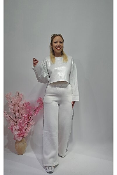 MADAME MELEK Νέα σεζόν Λευκό Φούτερ με Φύλλα - Παντελόνι Φούτερ Κοστούμι